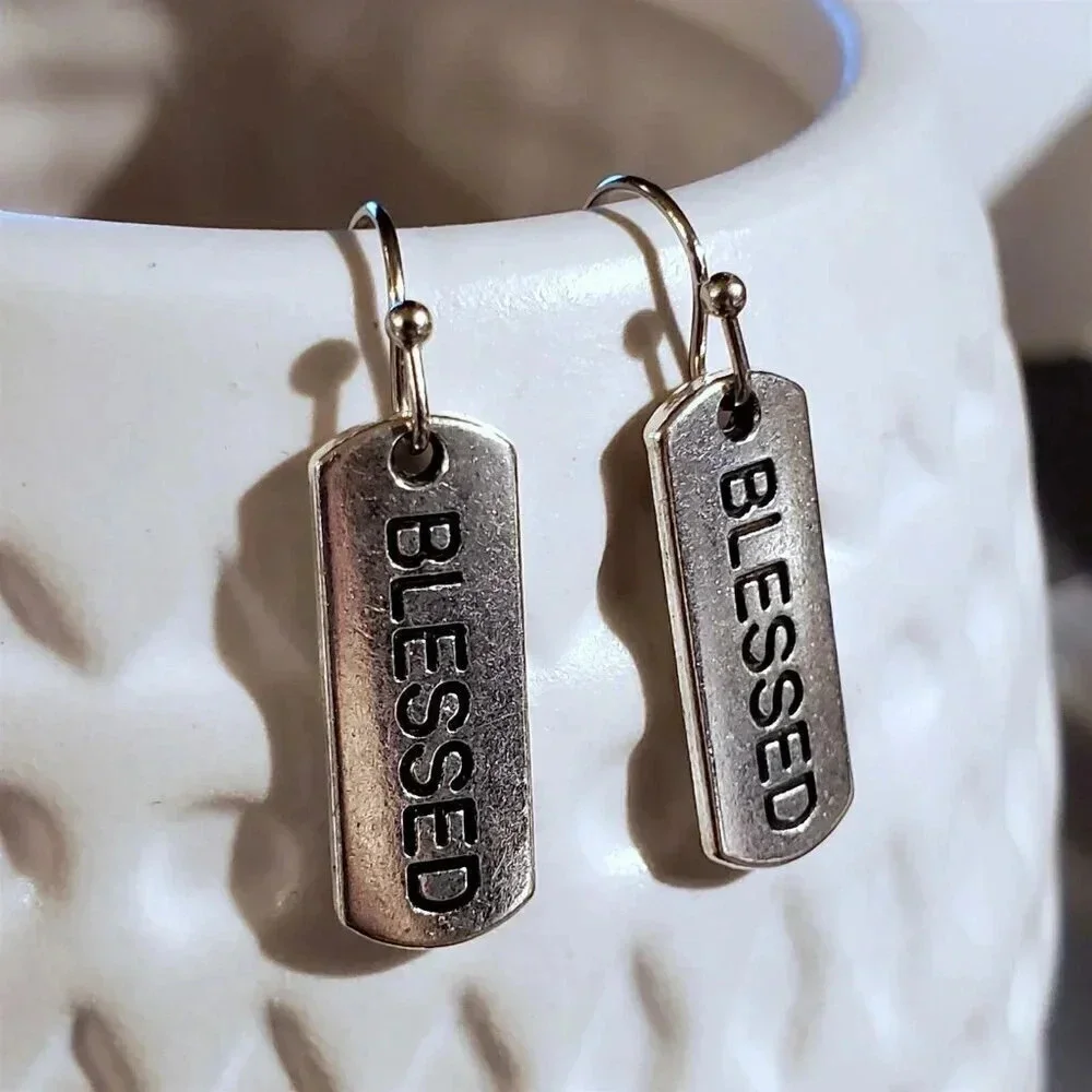 Handcrafted Blessed Inspirational Word Message Carved Silver Black Earrings